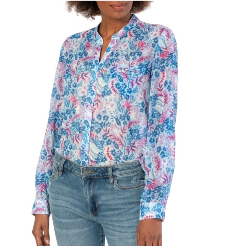 Kut from the Kloth Jasmine Chiffon Paris Blue Orchid Floral Button-Up Blouse NWT